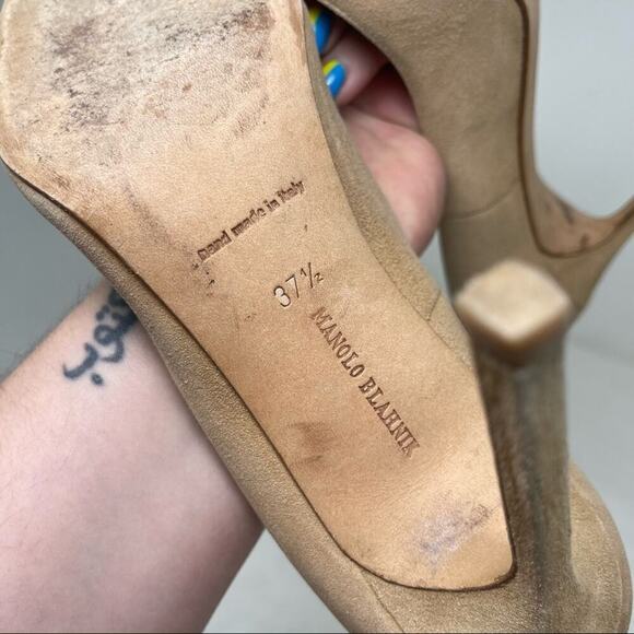 Manolo Blahnik Bb Stone tan Suede Pointed Toe Pumps 37.5 - Picture 7 of 7